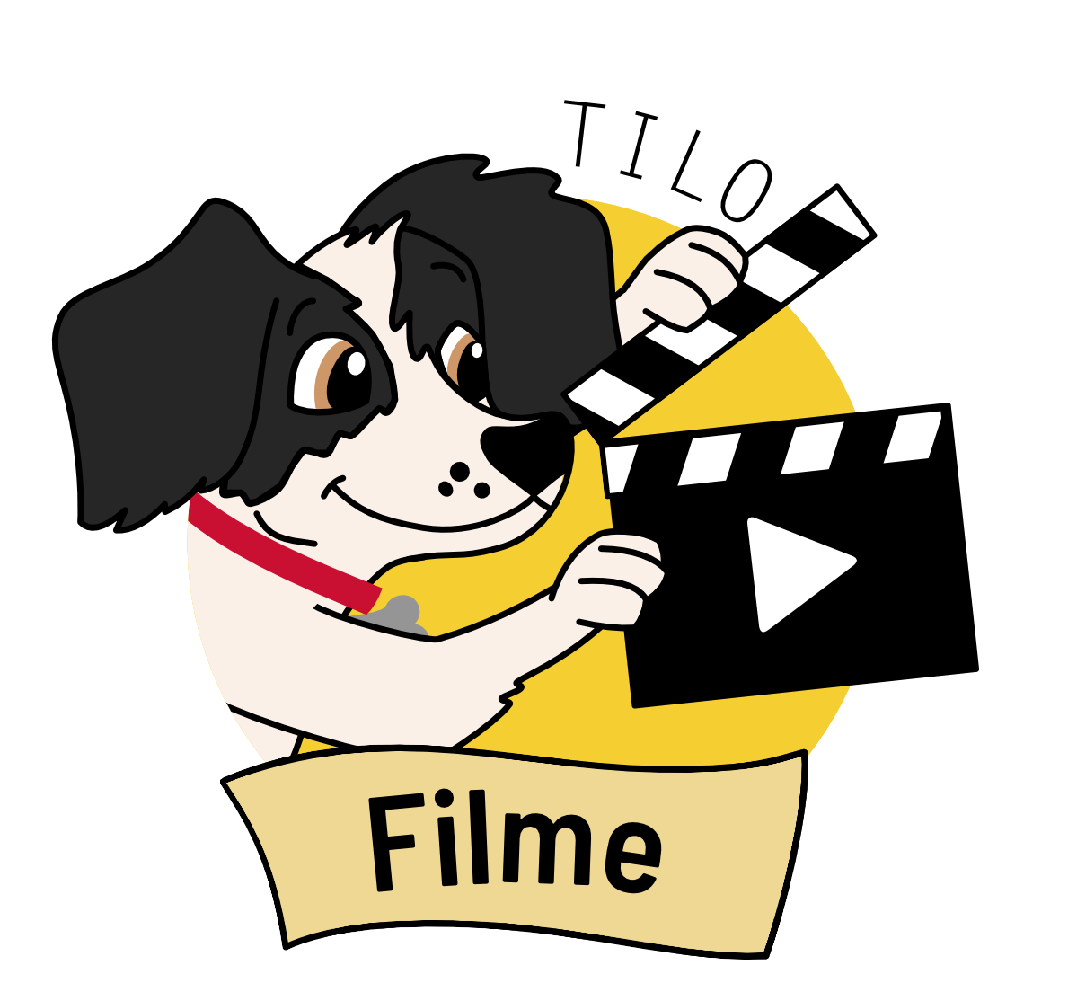 Hund Tilo hält eine Filmklappe in der Hand